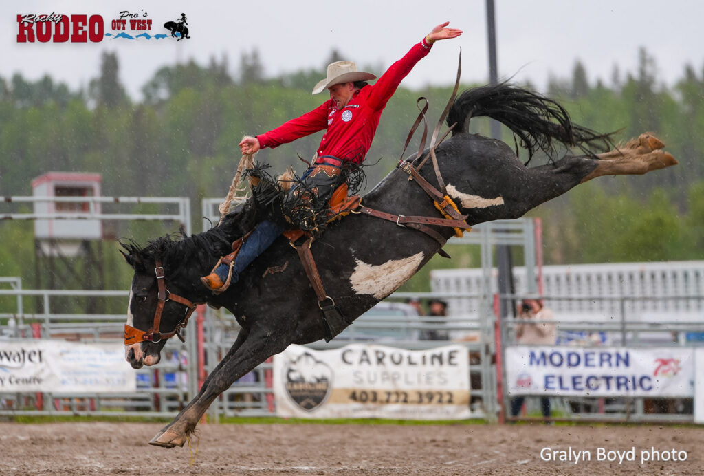 Ben Andersen and Big O Rodeo's Black Elvis. 2026 Rocky Rodeo Saddle Bronc Champion photo by Gralyn Boyd