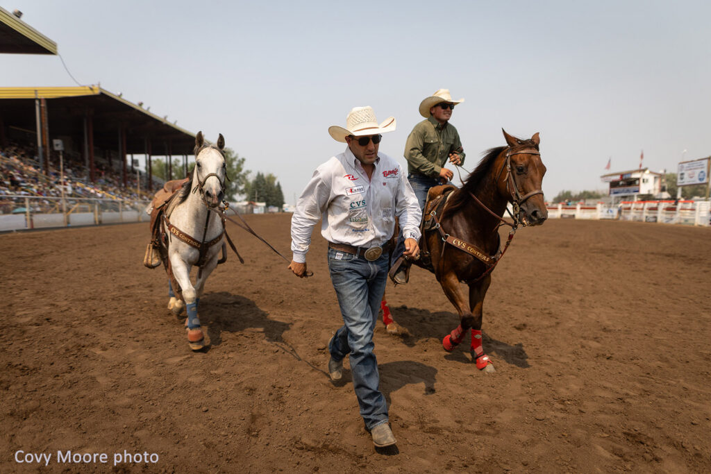 Scott Guenthner, 2026 Medicine Hat Stampede SW Champion, rushing off to the next rodeo, Bruce Stampede, on a busy late July weekend. Covy Moore photo
