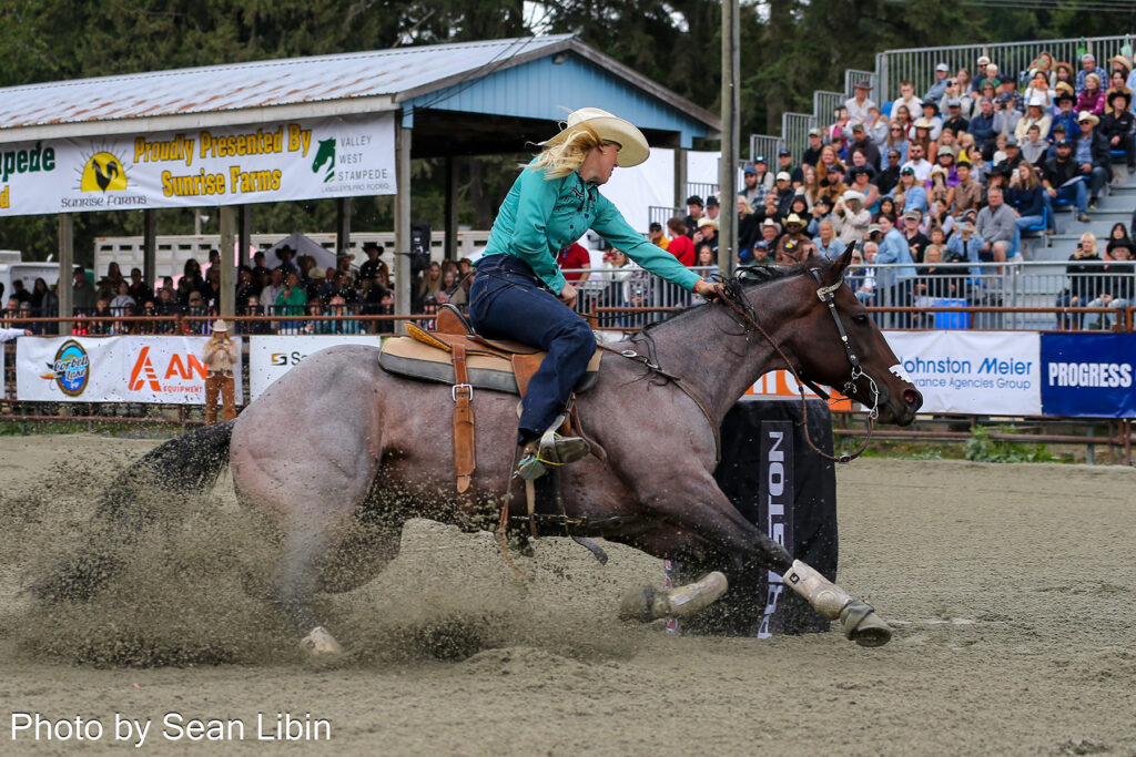 Karli Cowie and CPRA Barrel Horse of the Year, Fling, win the Valley West Stampede. Sean Libin photo